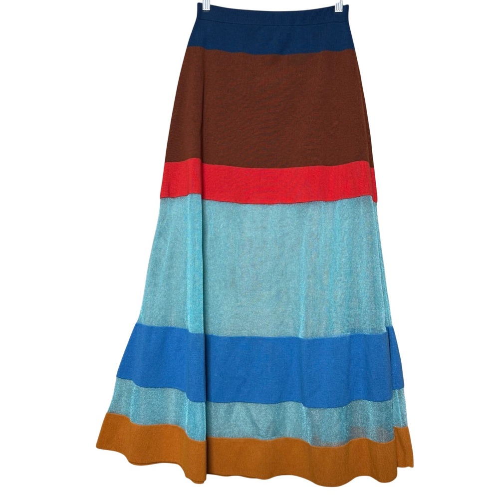 Anthropologie Striped Sheer Knit Maxi Skirt Blue Brown Red Size Small Pull On